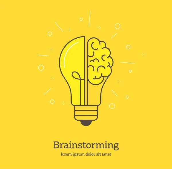 创造性的大脑 黄色半脑半灯 代表思想 矢量线条的设计风格 思考的象征 — 图库矢量图片