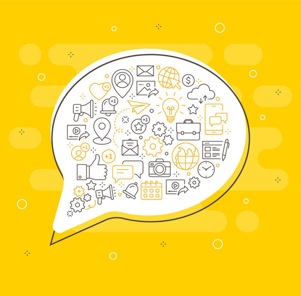 Social Media Bubble Speech Concept with Line Icons. Colorful Line Icons, Arranged in bubble speech stock illustration.