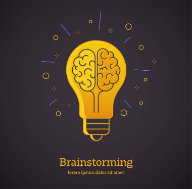 Yaratıcı fikir - Yaratıcılığın, yaratıcı fikrin, düşüncenin vektör tasarım sembolü. Koyu arkaplanda izole edilmiş fikirleri temsil eden ampul.