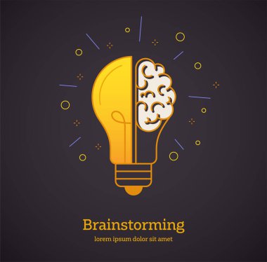Yaratıcı fikir - Yaratıcılığın, yaratıcı fikrin, düşüncenin vektör tasarım sembolü. Koyu arkaplanda izole edilmiş fikirleri temsil eden ampul.