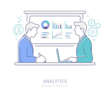 Tartışma ve Analiz - Vektör çizgisi tasarım biçimi izole edilmiş simge. Veri grafikleri ve grafiklerle iş analizi toplantı kavramı.