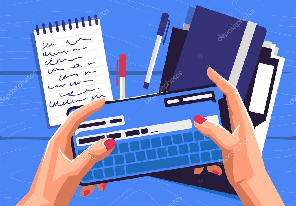 Vector illustration hands holding a smartphone which displays a messenger to communicate with a person on the background of a table with folders, notebooks and pens, work on the phone