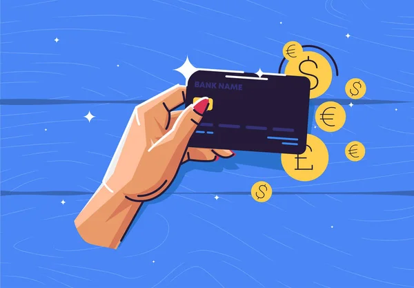 Ilustración Vectorial Mano Una Mujer Sosteniendo Una Tarjeta Bancaria Iconos — Vector de stock