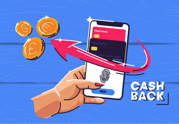 Bank Cards Smartphone Contactless Payment Hand Holding Smartphone Cashback Purchases — Stock vektor
