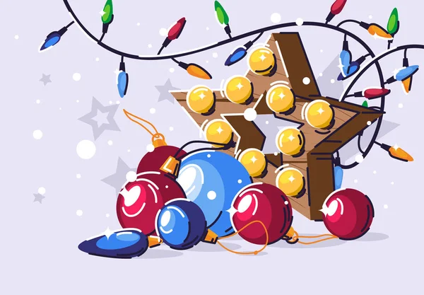 クリスマスカラフルなガーランドとクリスマスツリーのおもちゃのベクトルイラスト 電球と装飾要素木製の星 — ストックベクタ