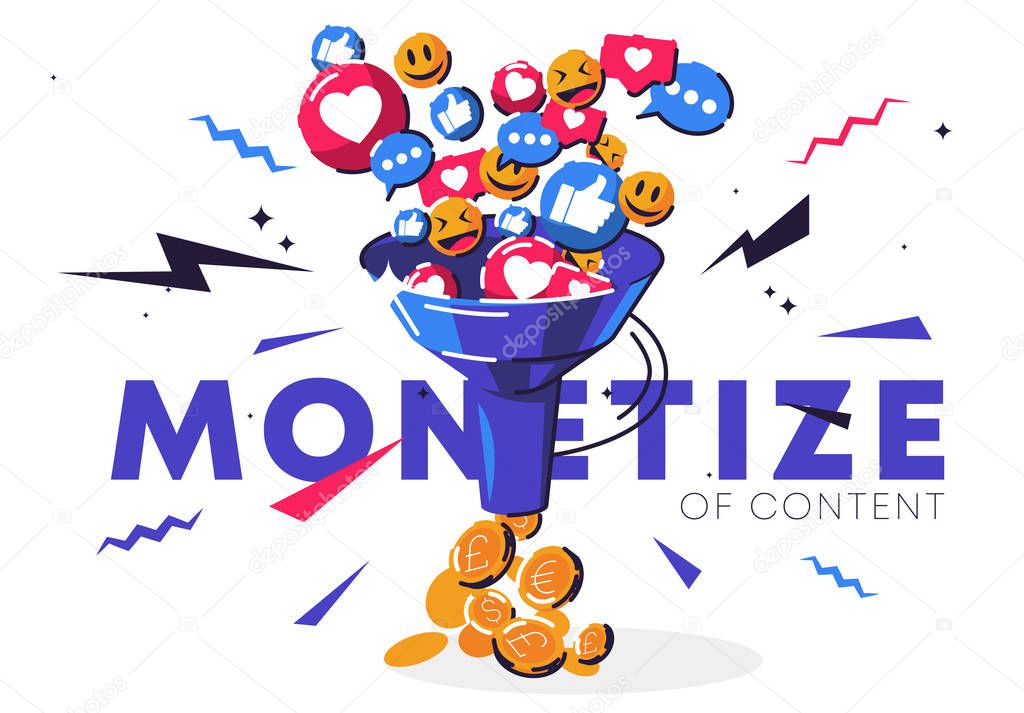 vector illustration of content monetization, funnel with social network icons, falling gold coins