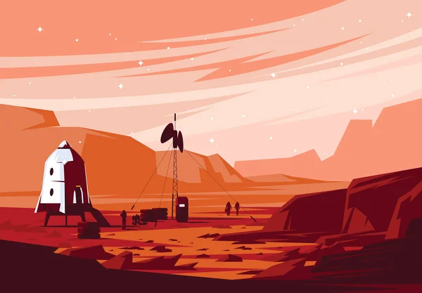 Mars yüzeyinin vektör çizimi, Mars yüzeyindeki uzay aracı, Mars 'ın kolonileşmesi, Mars manzarasının arka planındaki astronotlar.