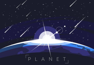 Uzay ve yıldızların arka planına karşı önplandaki bir gezegenin vektör illüstrasyonu