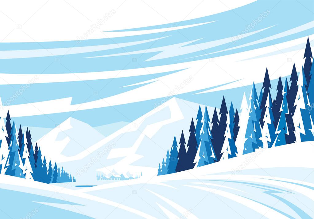 Vector illustration of a winter landscape a mountainous area, snowy slope with a village in the valley