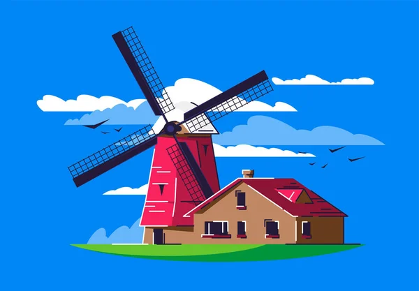 Illustration Vectorielle Moulin Classique Avec Une Maison — Image vectorielle