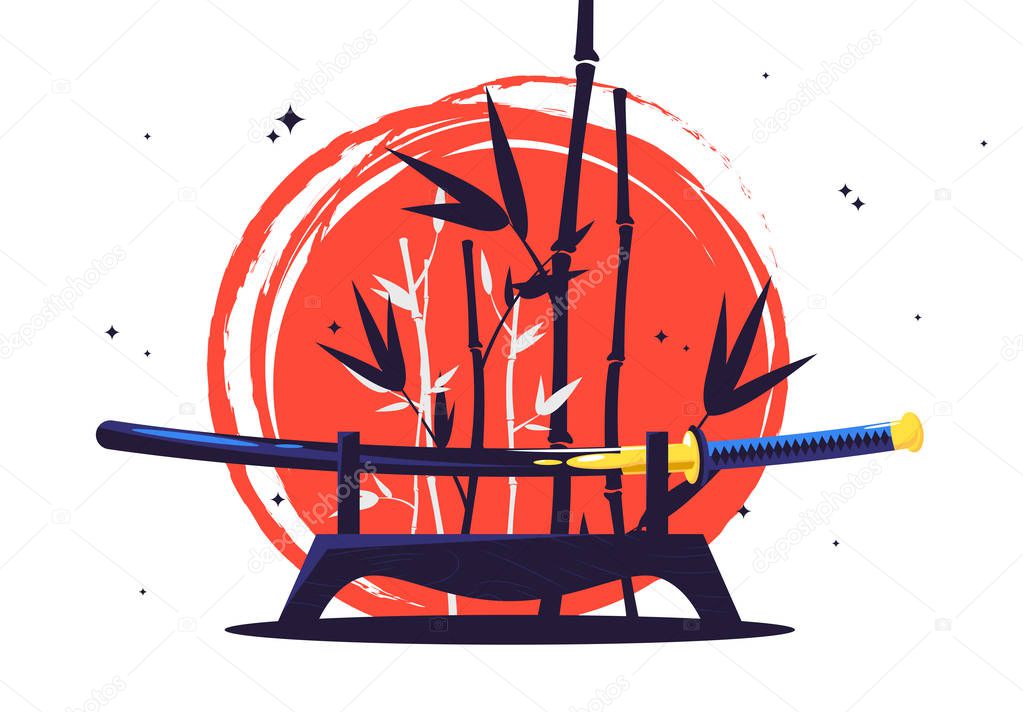 Vector illustration of a samurai Japanese sword on a stand against the silhouette of a bamboo grove and a red sun