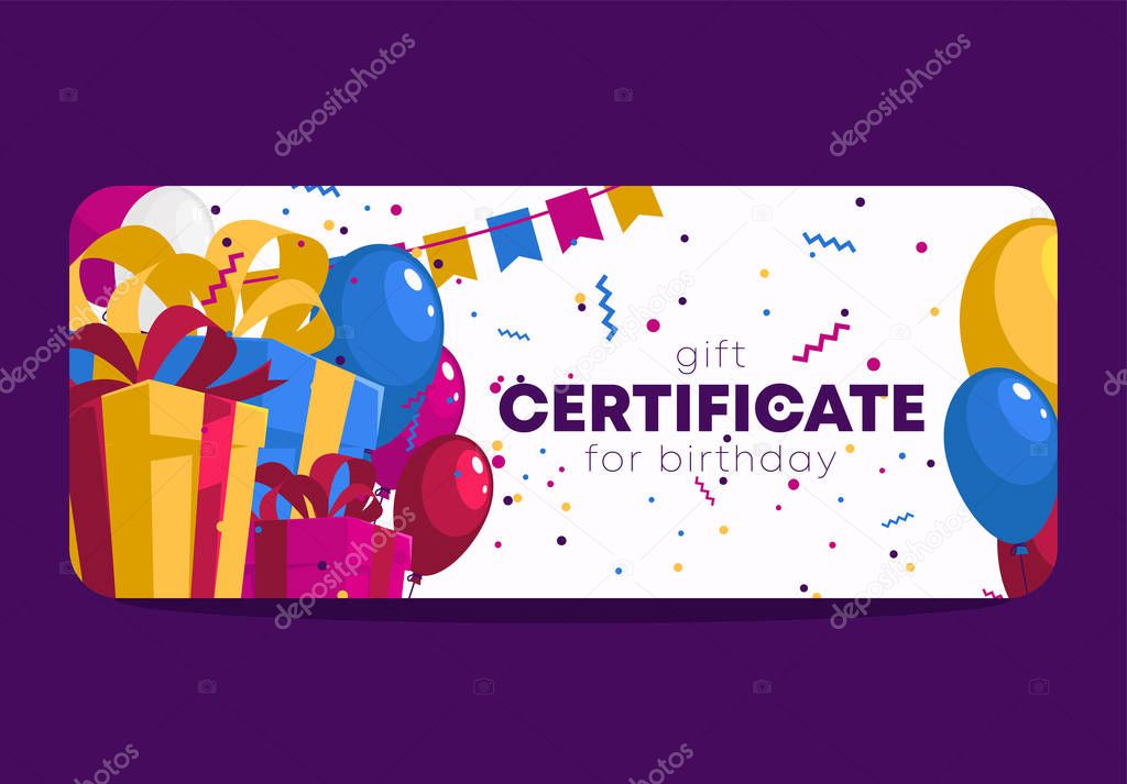 birthday gift certificate template, with balloons and gifts
