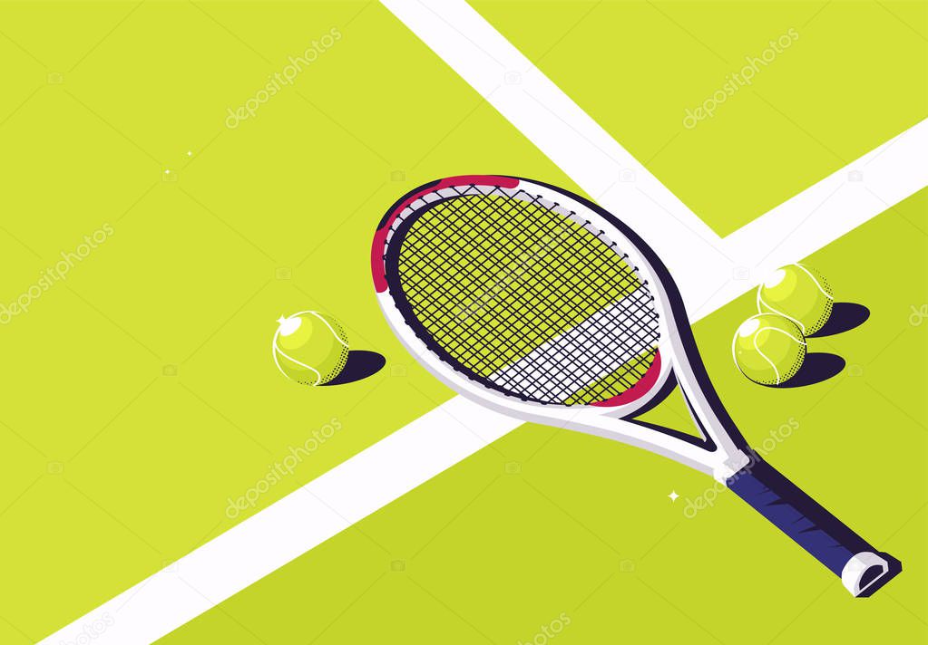 Vector illustration of a tennis racket with balls lying on the surface of a green tennis court, top view, in the style of isometry