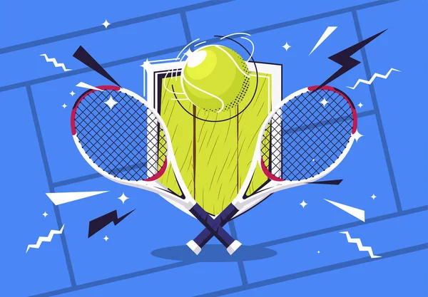 Kalkanın arka planında top olan tenis raketlerinin temsilcisi ve tenis kortunun işareti.