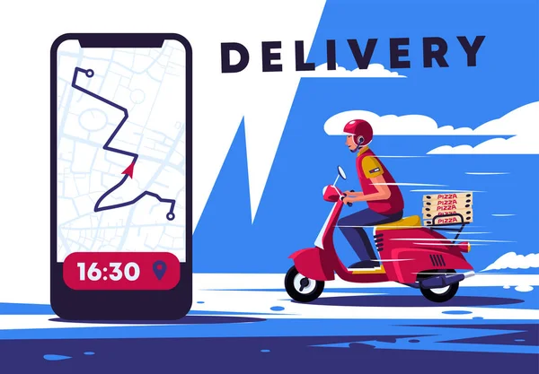 赤いスクーターで若い男のベクトルイラスト ピザ配達人 配達ポイントへの道の地図を持つスマートフォン — ストックベクタ