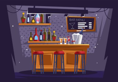 Bar tezgahı, sandalyeler, alkol şişeleri olan bir içki barının vektör çizimi.