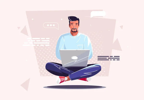 Vector Illustration Man Sitting Lotus Position Sitting Laptop — Stock vektor