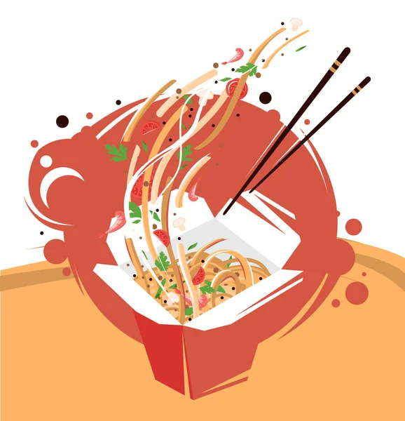 Imagen Vectorial Caja Roja Debajo Comida Asiática Fideos Wok Comer — Vector de stock