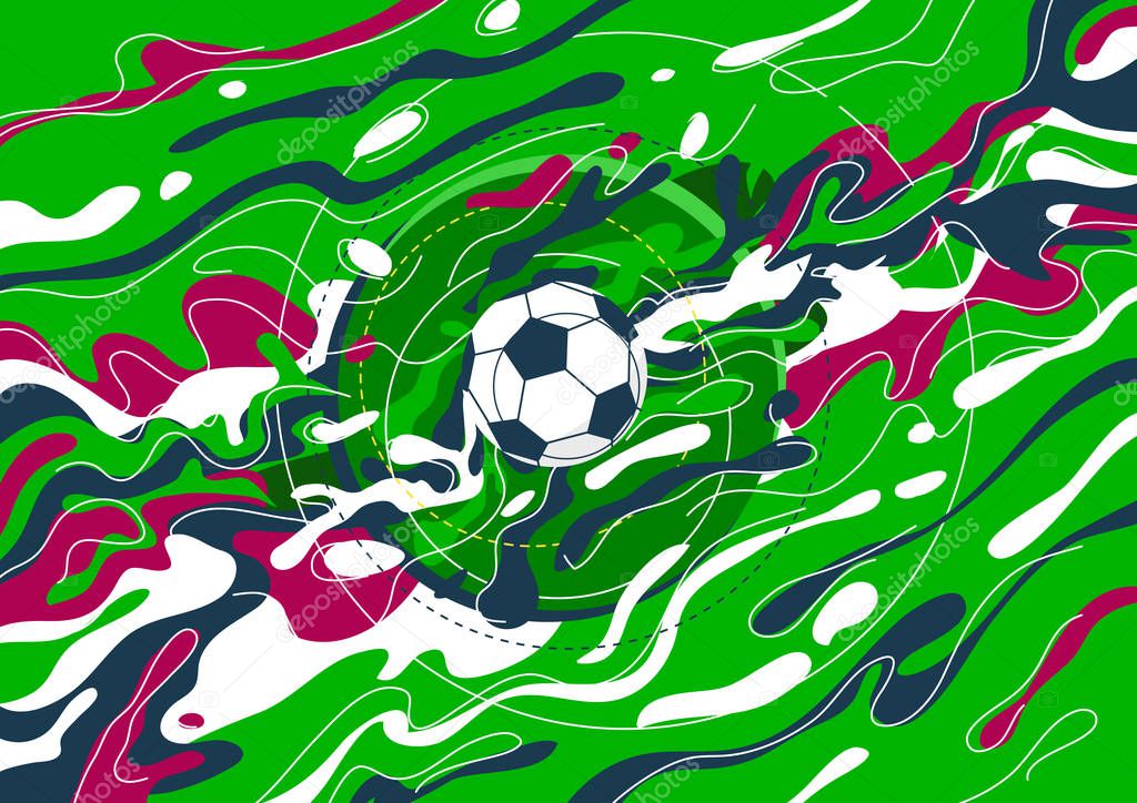 Vector background image with wavy elements from the center to the edges, in the middle of a soccer ball, Dynamic elements of green and dark colors