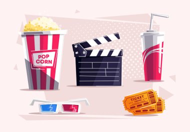 Sinema objeleri, patlamış mısır, 3D filmler için gözlük, sinema bileti, bir bardak soda, alkışlama tahtası.