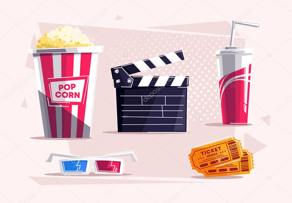 Vector set of illustrations of cinema objects, popcorn, glasses for 3D movies, movie ticket, glass of soda, clapper board