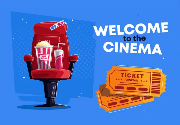 Paquete Palomitas Maíz Con Soda Encuentra Asiento Rojo Del Cine — Archivo Imágenes Vectoriales