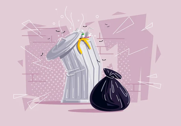 Vector Illustration Garbage Can Garbage Bag Background Brick Wall — 스톡 벡터