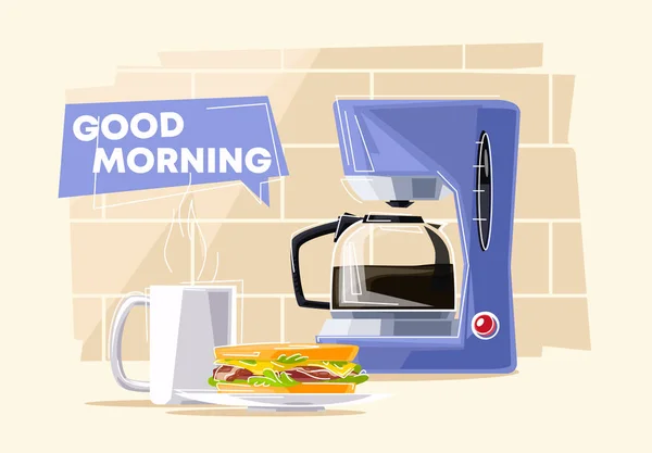 Vektor Illustration Einer Kaffeemaschine Mit Einem Glas Kaffee Einem Sandwich — Stockvektor