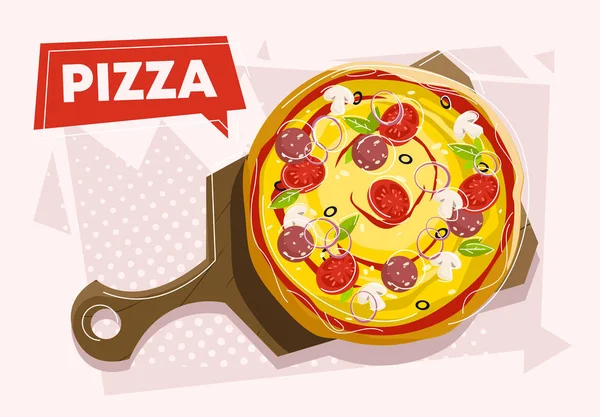 Vector Illustratie Van Pizza Een Houten Dienblad Bovenaanzicht — Stockvector