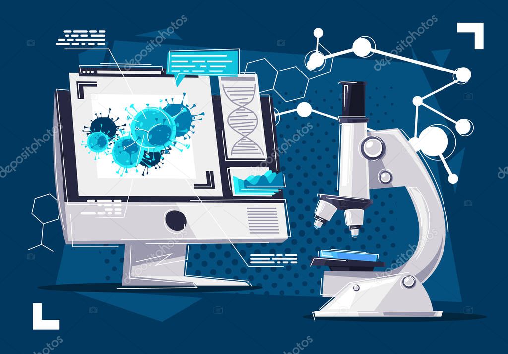 Vector illustration of a microscope and computer monitor, image of a virus cell through a microscope, data about the virus on the monitor screen, scientific study of the virus