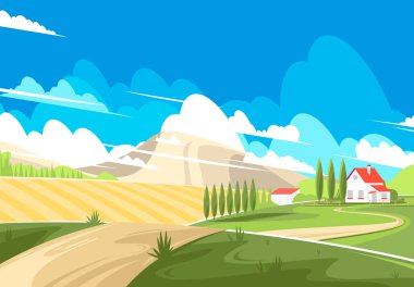 Yeşil tarlaları olan köy manzarası ve ekinler için ekilebilir arazi, dağ arka planındaki köy evi.