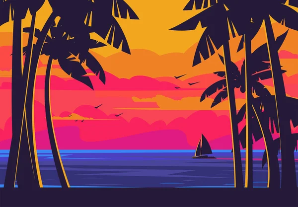 海边的风景 在夕阳的映衬下 有一艘船漂浮在水面上 棕榈树的轮廓映衬着大海 — 图库照片