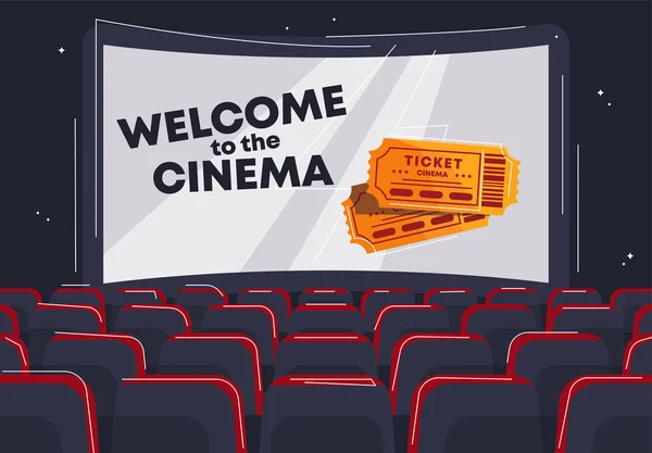 Sinema salonunun vektör görüntüsü, sinema için sandalyeler ve ekran, sinema ekranındaki yazı, sinema biletleri.