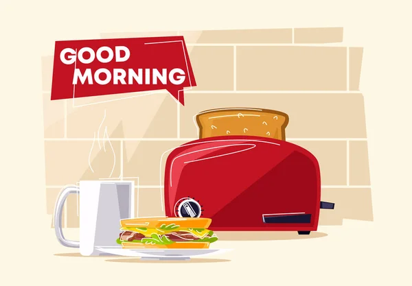 コーヒーグラス付きトースターのベクトルイラスト 朝食用サンドイッチ — ストックベクタ