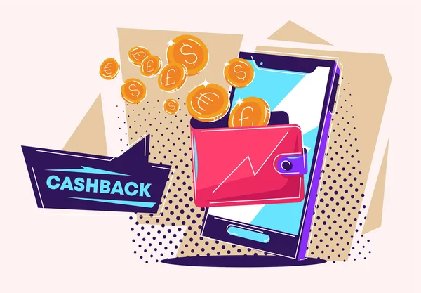 Illustration Vectorielle Smartphone Avec Portefeuille Des Pièces Concept Cash Back — Image vectorielle