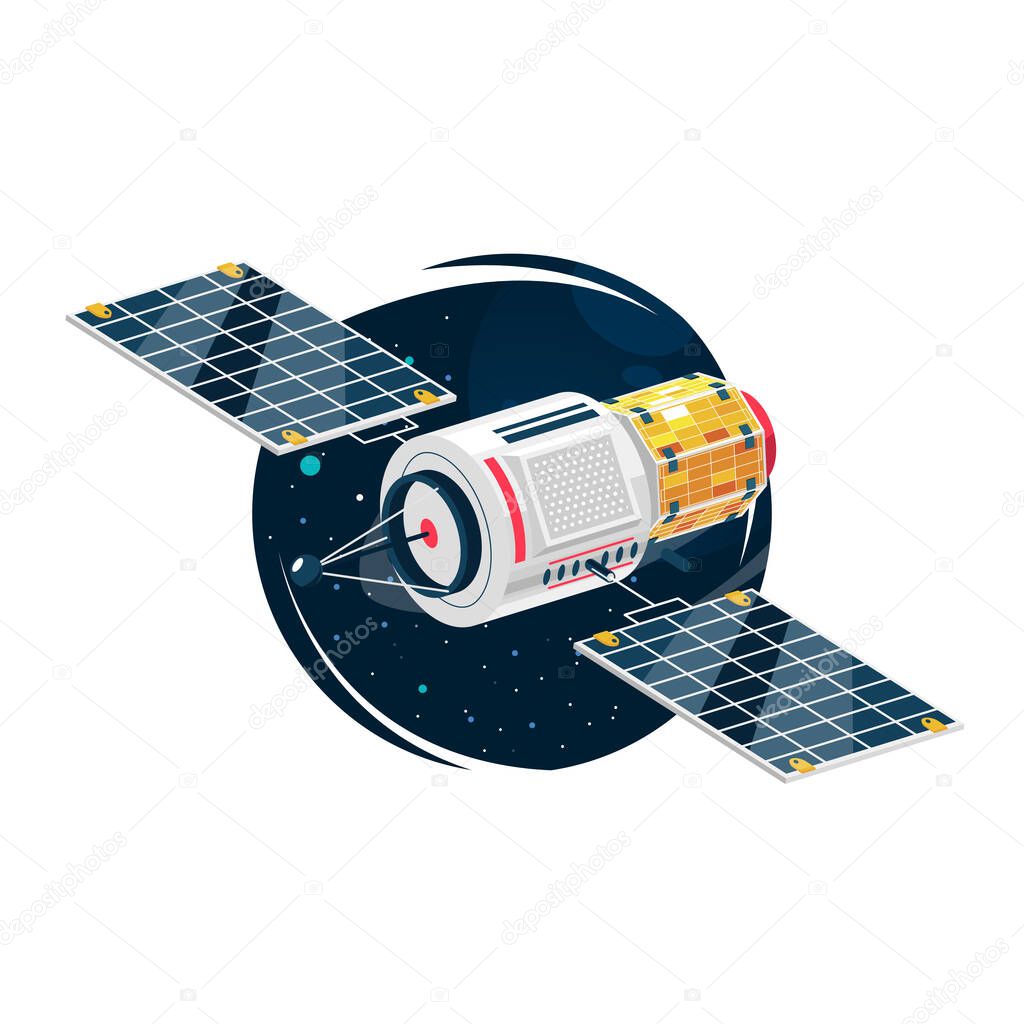Vector image of a detailed space satellite against the background of the cosmos and the planet