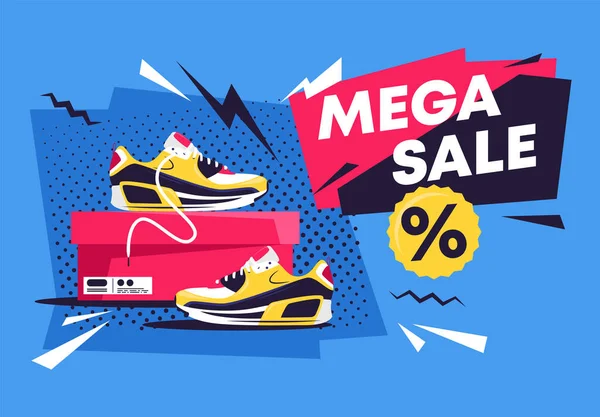 Bir spor ayakkabısının ambalaj kutusundaki mega satışıyla ilgili bir reklam afişinin vektör çizimi