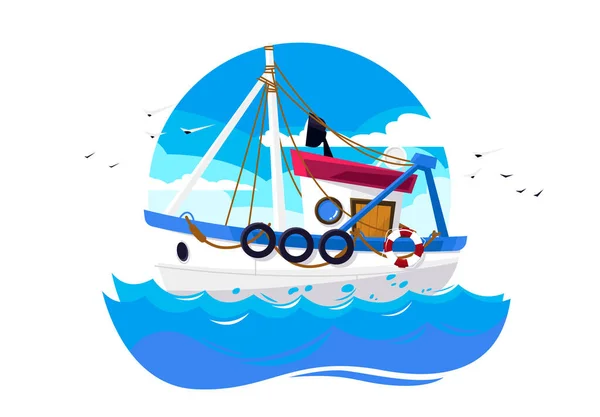 Ilustração Vetorial Barco Pesca Flutuando Mar — Vetor de Stock