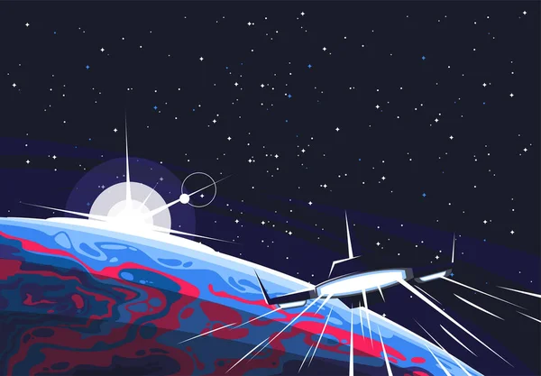 前景の未知の惑星の一部のベクトル図宇宙と星の背景 惑星上を飛行する未来的な宇宙船 — ストックベクタ