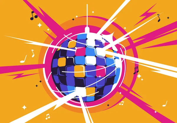 Vector Illustratie Van Een Discobal Met Lichtstralen Muzikale Noten — Stockvector