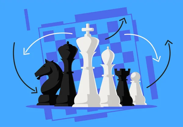 Vector Illustration Black White Chess Pieces Led King Foreground Queen — Stock Vector