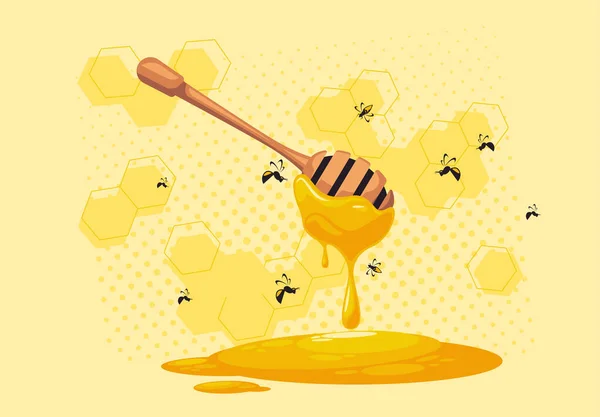 Ilustracja Wektorowa Łyżek Miodu Kałuża Miodu Pszczołami Miód Płynie Łyżce — Wektor stockowy