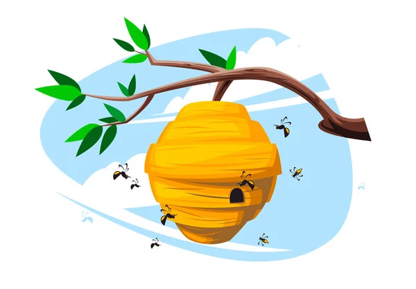 Ilustración Vectorial Una Rama Árbol Con Una Colmena Abejas Las — Vector de stock