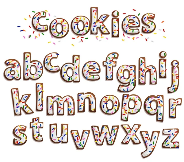 Alfabeto de galletas de jengibre de Navidad con glaseado blanco y chispas de colores aislados en blanco, ilustración vectorial . — Vector de stock