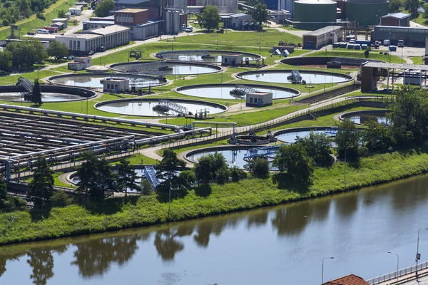 Aerial view of storage tanks in sewage water treatment plant Stock Photo