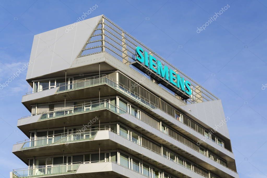 PRAGUE, CZECH REPUBLIC - NOVEMBER 7: Siemens company logo on Czech headquarters on November 7, 2016 in Prague, Czech republic. Siemens extends  servicing contract at wind turbines Lower Snake River project in Washington for a further ten years.