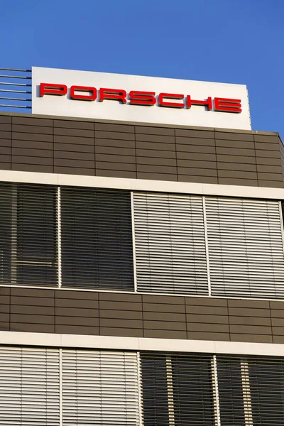 Porsche automotive company logo on Czech headquarters building — Stock Photo, Image