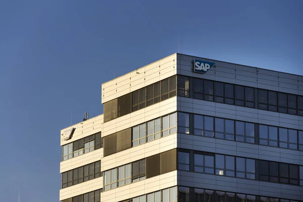 SAP multinational software corporation logo on Czech headquarters building — Stock Photo, Image