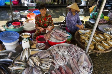 Benim Tho, Vietnam - 15 Şubat: kadın 15 Şubat 2012 yılında My Tho, Vietnam üzerinde balık sokak pazarında satıyor. 