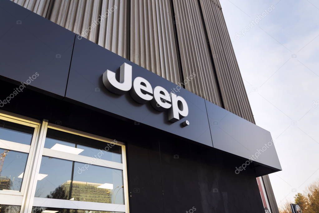 PRAGUE, CZECH REPUBLIC - JANUARY 20: Jeep company logo on dealership building on January 20, 2017 in Prague, Czech republic. American regulator EPA investigate Fiat Chrysler Automobiles for emissions cheating.